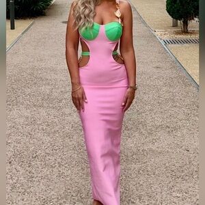 Hot pink and sea foam green mermaid dress with gold